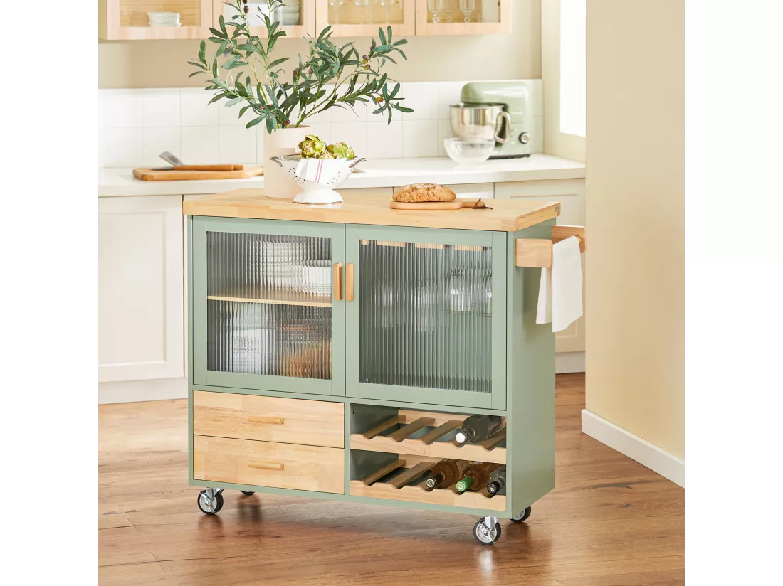 SoBuy Desserte de Cuisine sur Roulettes, Îlot Central de Cuisine, Chariot de Cuisine, Buffet avec Plateau en Bois d'Hévéa, 2 Portes, 2 Tiroirs et Porte-Bouteilles à 2 Niveaux, Beige, 109 x 38 x 92 cm, FKW114-GR