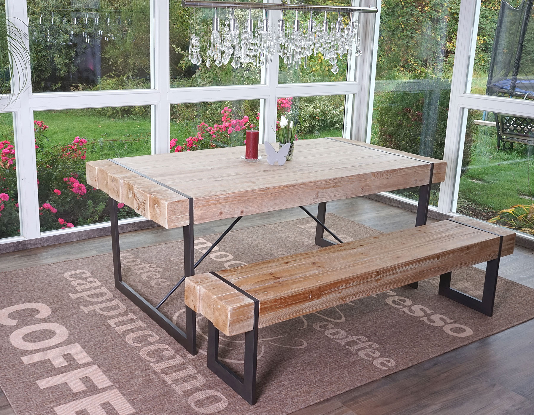 Esszimmergarnitur MCW-A15, Esstisch + 1x Sitzbank, Tanne Holz rustikal massiv MVG-zertifiziert ~ naturfarben 160cm
