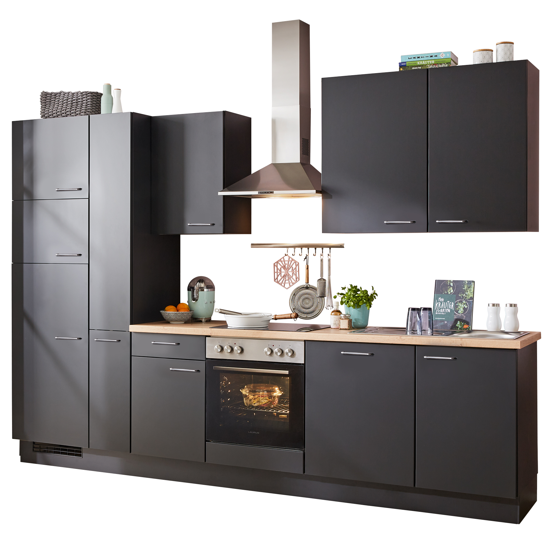 nobilia Küchenblock TOUCH - Lacklaminat schwarz supermatt - schwarz - Kühlschrank links - 310 cm