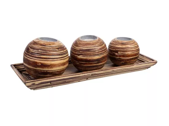 Ensemble plateau et 3 bougeoirs en bois de bambou marron 33x13x3h cm