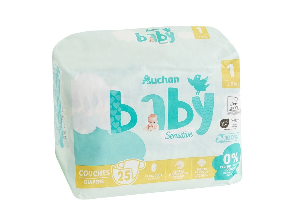 FRALDAS AUCHAN BABY SENSITIVE ECOLÓGICAS TAMANHO 1 2-5KG 25UN