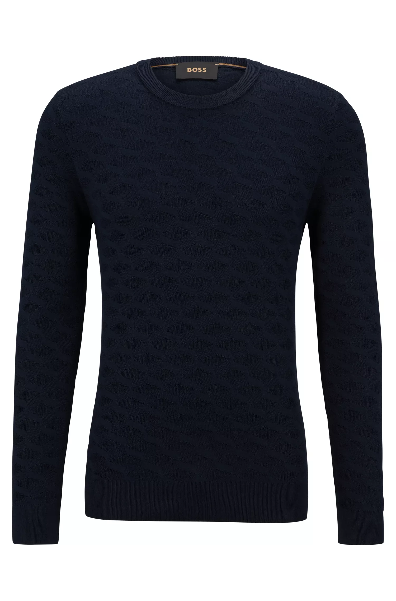 Suéter BOSS em seda cor camelo com estampa jacquard.