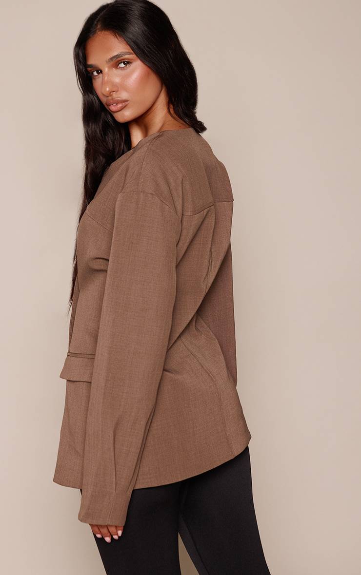 Taupe Blazer Sombre Cintré Asymétrique Sans Col À Coupe Ajustée