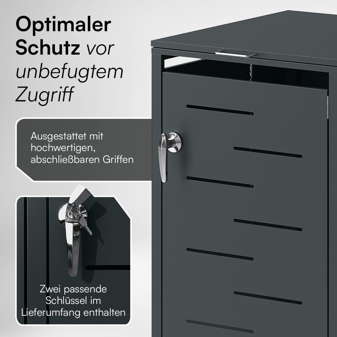 STEELSØN Diorus Mülltonnenbox 4er bis 240L abschließbar – Hochwertige Mülltonnenverkleidung für 4 Tonnen – Müllbox Stahl – Müllcontainer Anthrazit - Mülltonnen Box wetterfest – Gerätebox mit Schloss