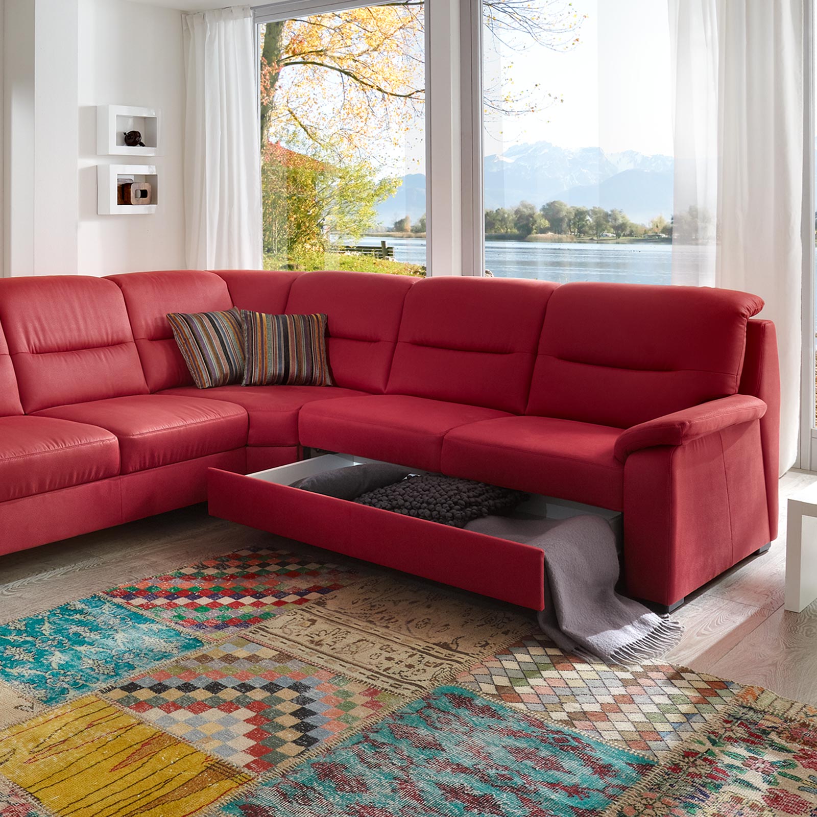 polsterpower Ecksofa - rot - 2-Sitzer rechts - Liegefunktion