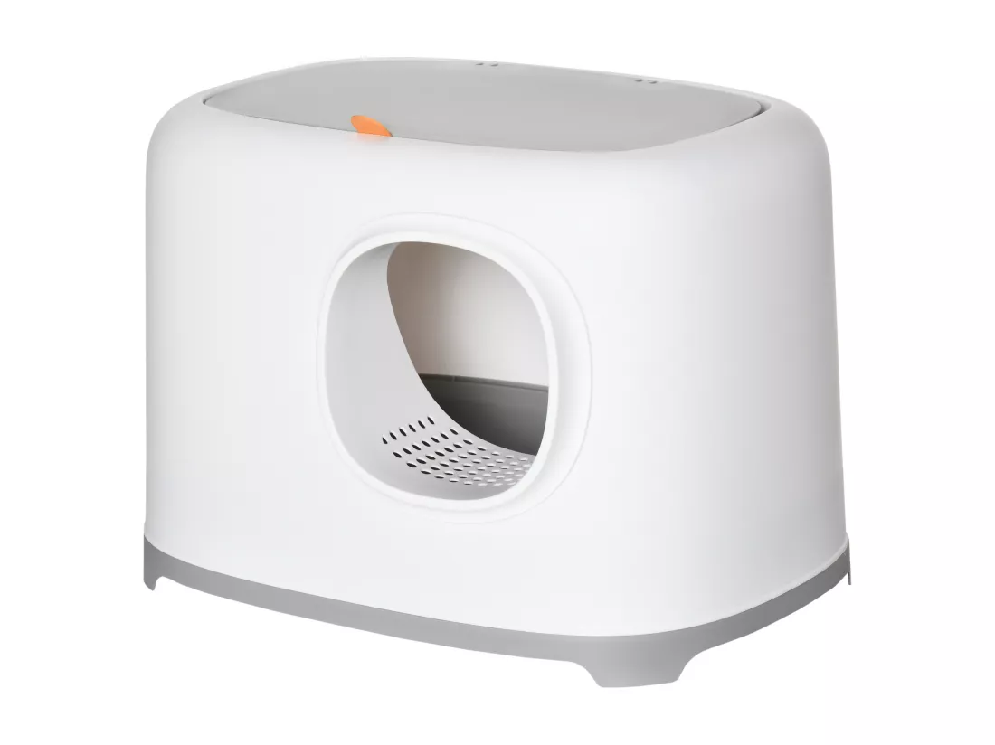 Maison de toilette litière pour chat - porte, couvercle ouvrant - pelle incluse - blanc gris clair