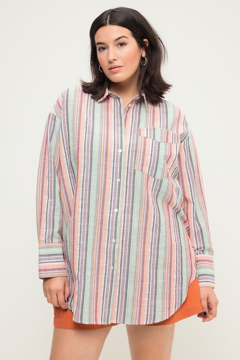Hemdbluse, oversized, Streifen, Hemdkragen, Langarm