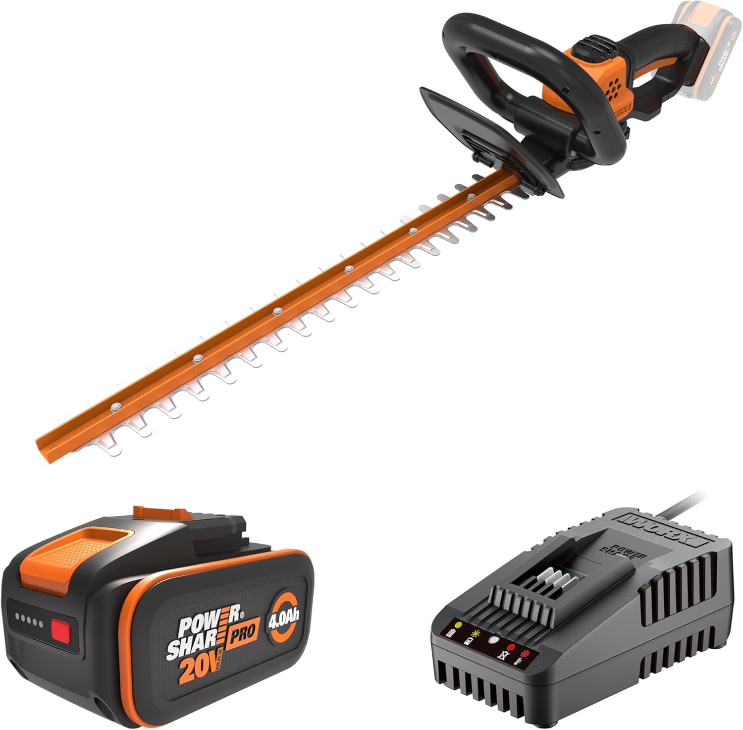 WORX WG261E Akku-Heckenschere – Hecken- und Strauchschere mit 44 cm Schwertlänge – 16mm Zahnabstand – Ideal für hohe Hecken – leicht & kompakt – PowerShare kompatibel – inkl. 4Ah Akku & Ladegerät