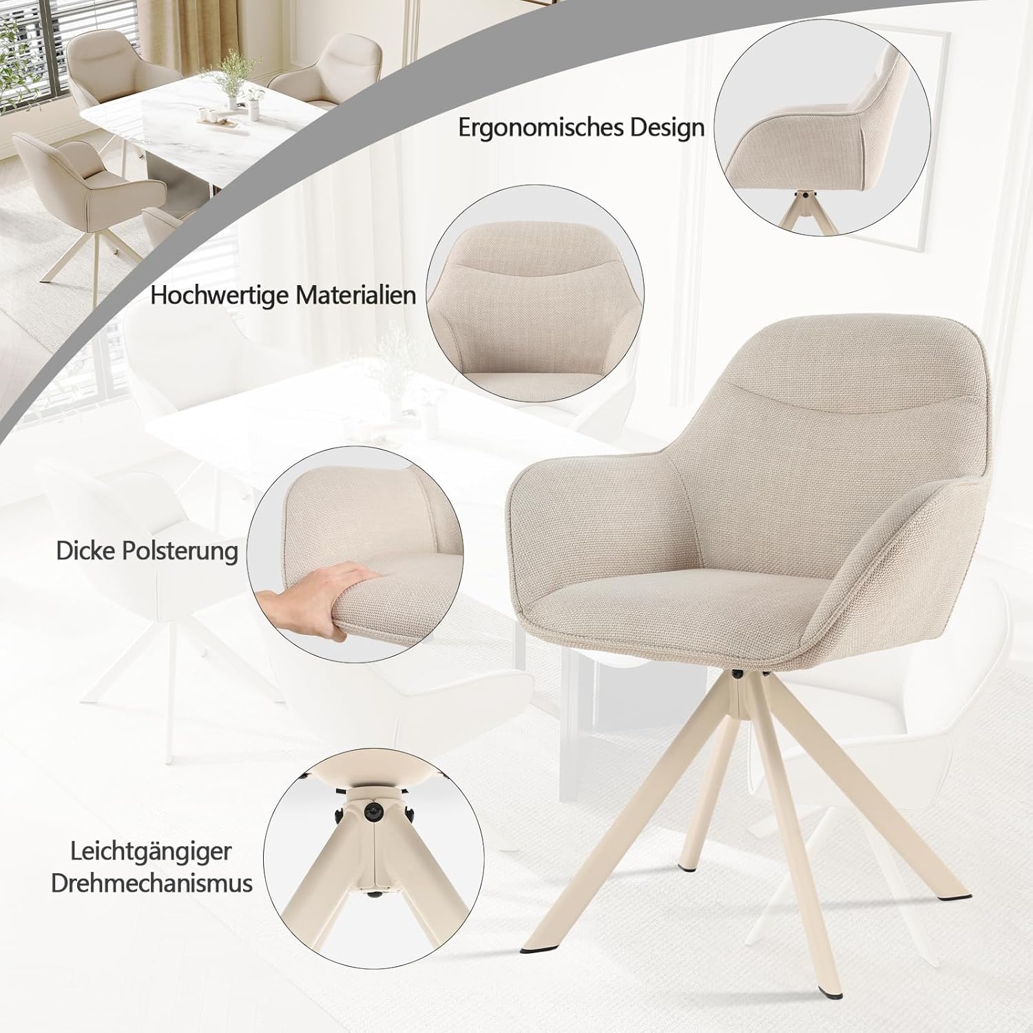 Esszimmerstuhl Beige mit Armlehne 4er Set drehstuhl Esszimmer Küchenstuhl Polsterstuhl aus Polyester mit Metallbeine und Rückenlehne für Esszimmer Küche Büro