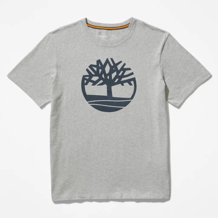 Camiseta masculina cinza com o logotipo da árvore do rio Kennebec.