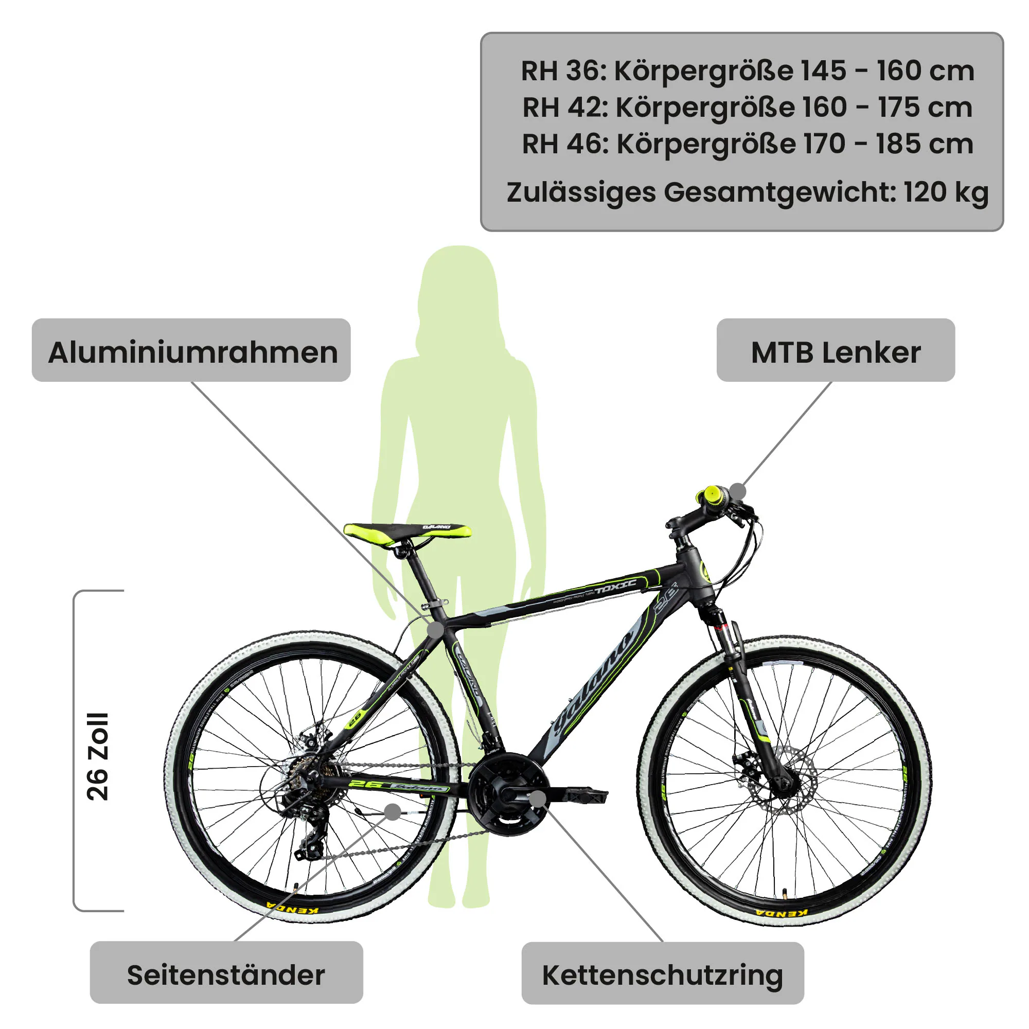 Galano Toxic 26 Zoll Mountainbike 145 - 185 cm MTB Hardtail Fahrrad 21 Gänge Scheibenbremsen Damen Herren Jugendliche unisex