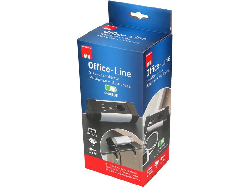 Max Hauri Tischsteckdosenleiste Office Line, 1x T13, 3x USB Alu Steckdosenleiste mit 1x Typ13 Steckdose, 3x USB A Charger und 2.5 m langem Kabel