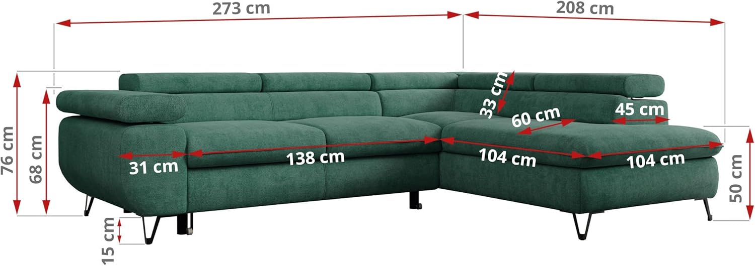 MKS MEBLE Ecksofa Wohnlandschaft L-Form mit Schlaffunktion und Bettkasten, Schlafsofa mit Bettkasten, Sofa mit Einstellbare Kopfstützen, Peter L - Stukture - Links Grün