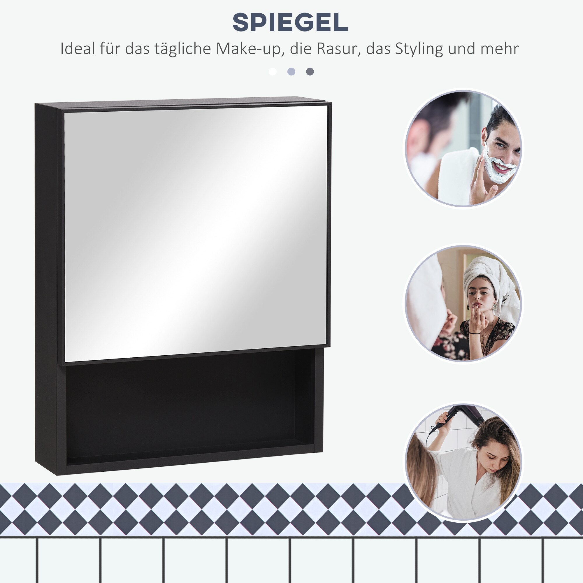 kleankin Spiegelschrank mit einer Tür und extra Fach schwarz 46L x 13,5B x 58H cm