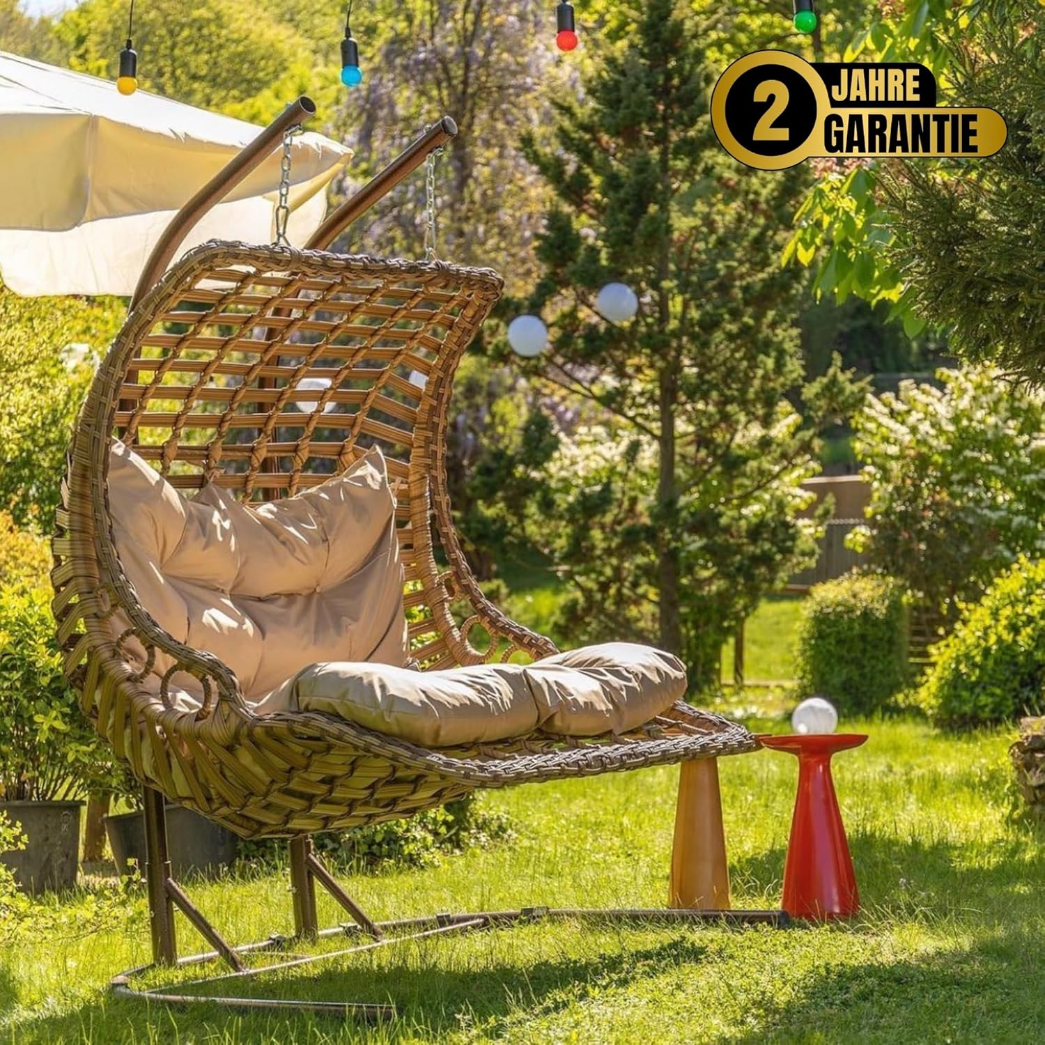 Hängesessel mit Gestell 2 Personen & Kissen Handgeflechtet Hängestuhl Rattan Hängematte Hängekorb Garten Balkonmöbel Hängeschaukel Bodrum Double (Hellbraun)