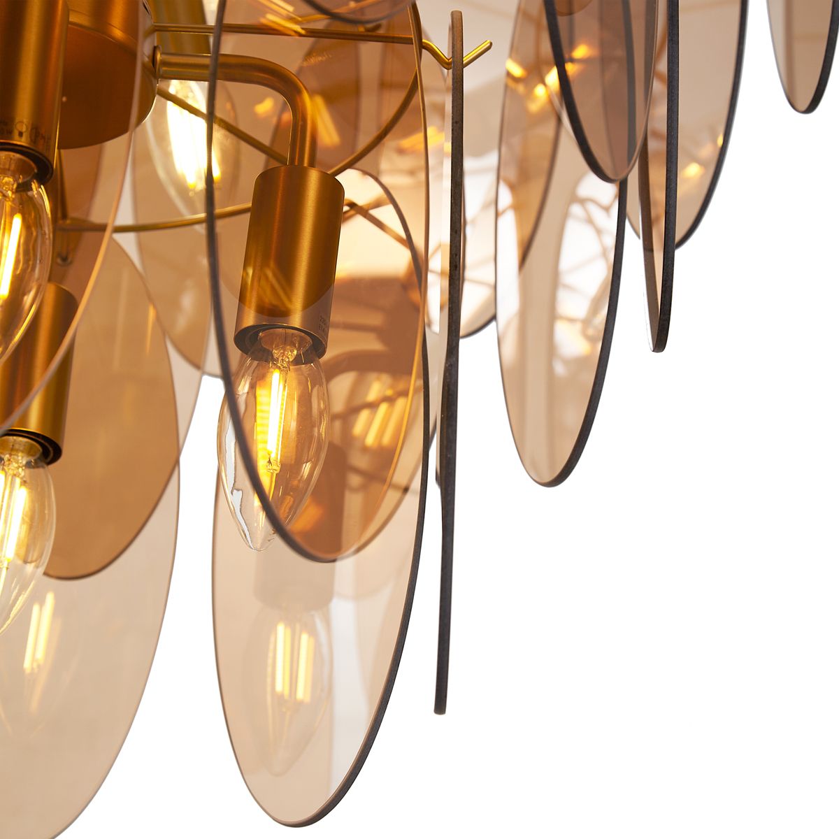 Art Deco hanglamp goud met amber glas ovaal 14-lichts - Mochan