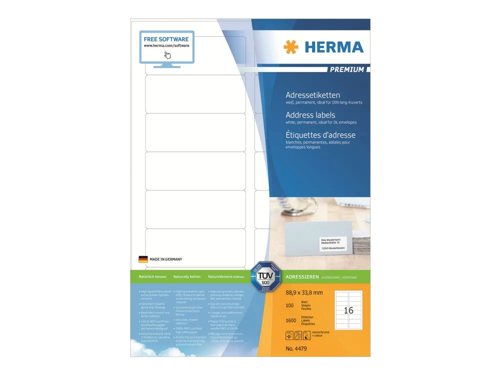 HERMA Premium - Papir - mat - permanent selvklæbende - hvid - 88.9 x 33.8 mm 1600 etikette(r) (100 ark x 16) laminerede adressemærkater
