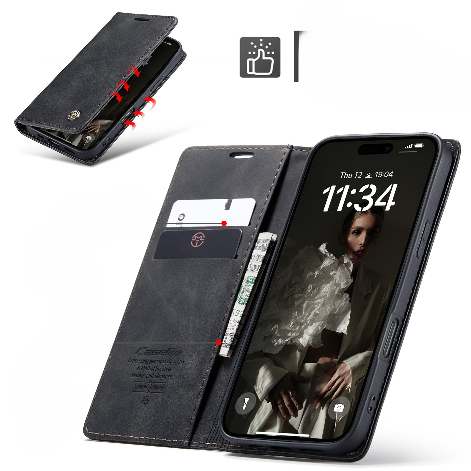 iPhone 17 Leder Tasche Flip Wallet Etui mit Kartenfächern - Schwarz
