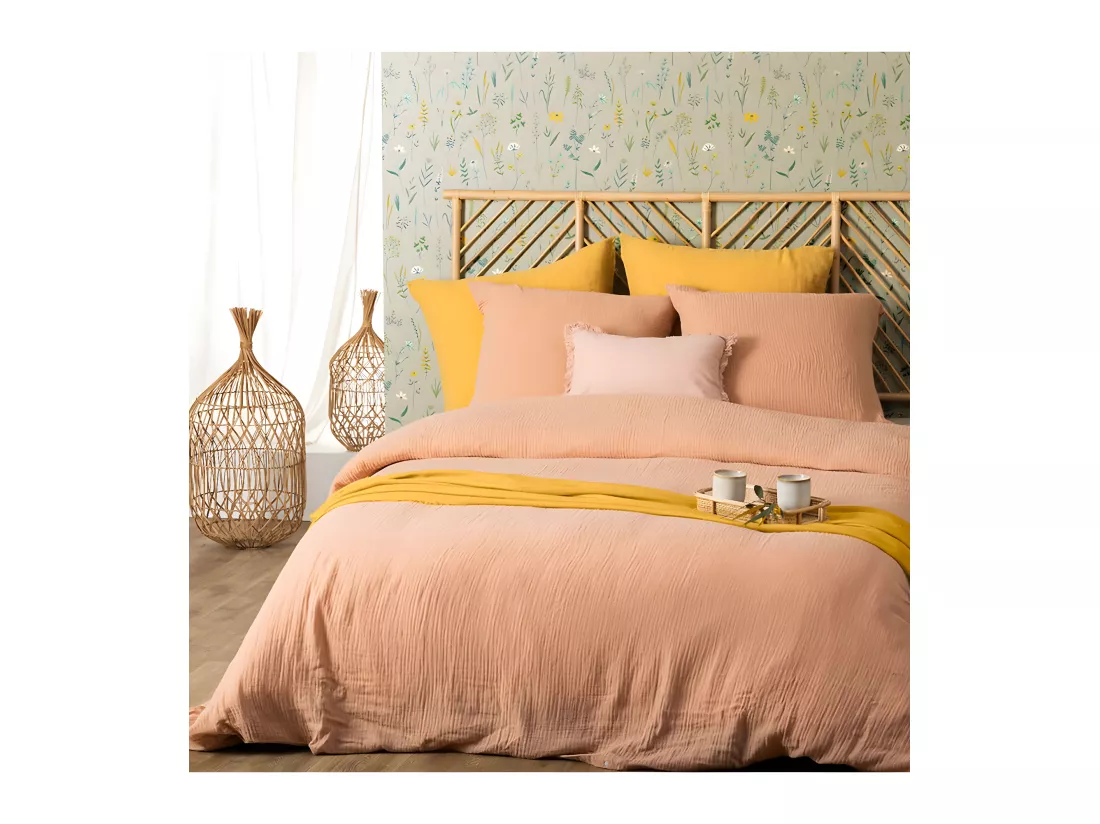 Parure de lit 2 Personnes en gaze de coton Rose 240 x 220 cm Housse de couette avec 2 taies