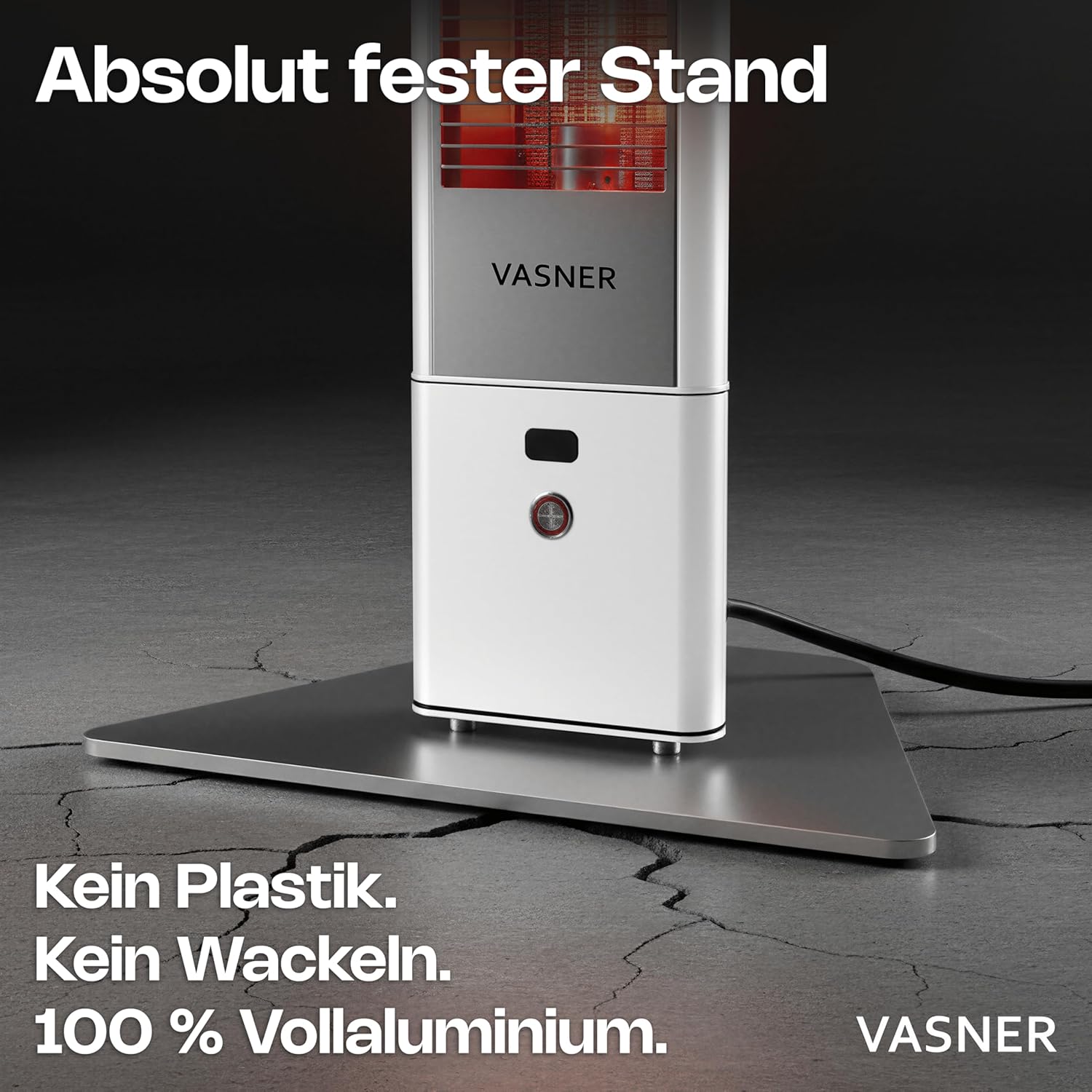 VASNER HeatTower weiß + AirCape schwarz – Infrarot Standheizstrahler 2500 Watt mit Abdeckhaube, Heizstrahler Terrasse, 4 Heizstufen, Fernbedienung, Terrassenstrahler elektrisch, IP65 Outdoor Schutz