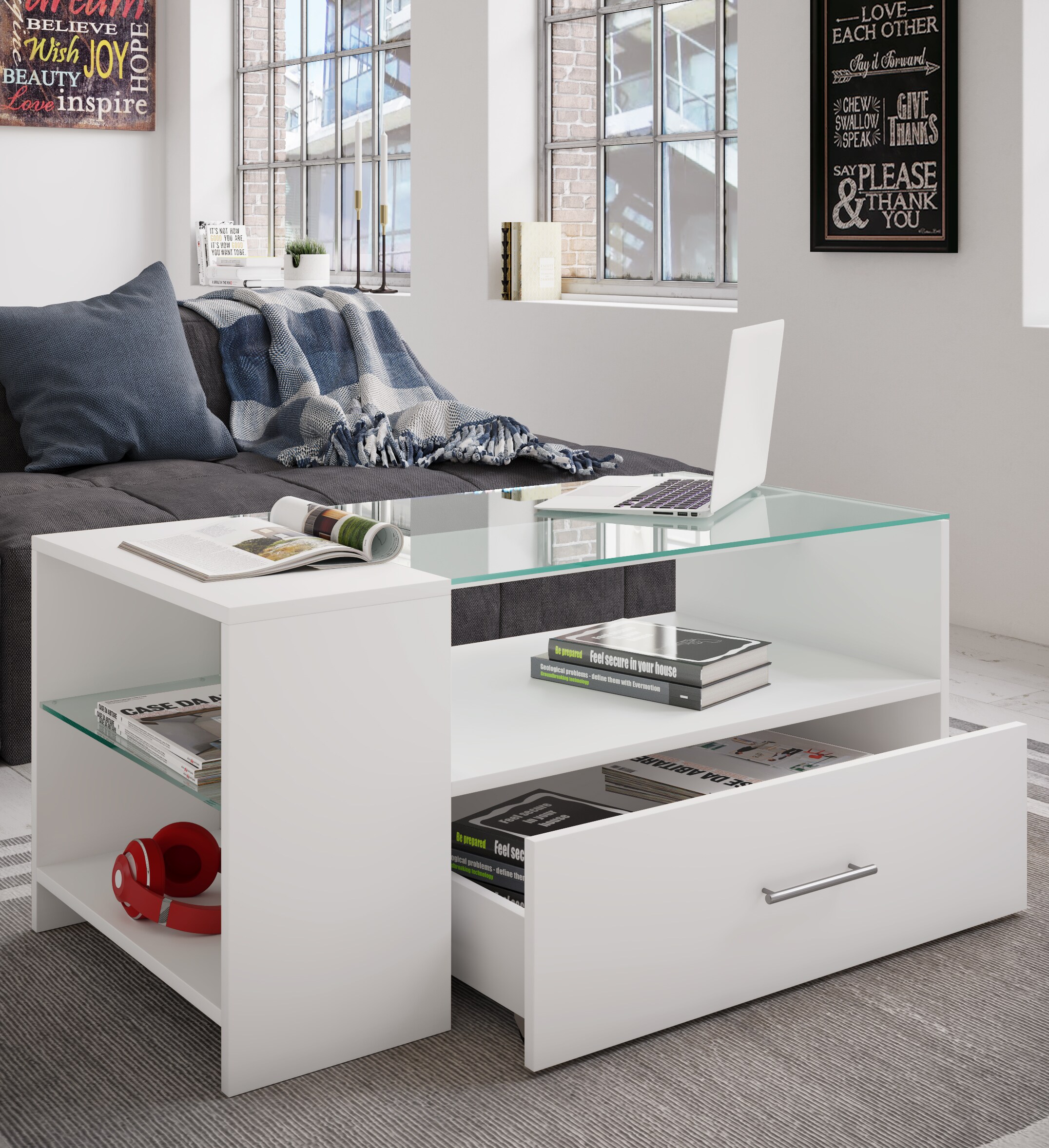 VCM Holz Couchtisch Sofatisch Wohnzimmertisch Beistelltisch Schublade Glas Tindala
