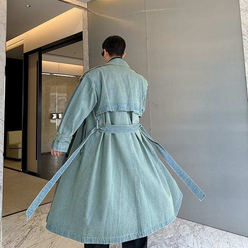 Orungeetun - Reverskraag gewassen denim double-breasted lange trenchcoat