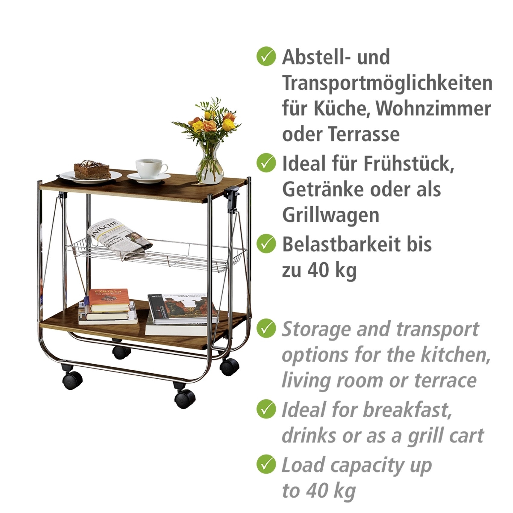 WENKO Servierwagen »Modell Dinett Deluxe« Küchenwagen mit 2 Ablagen und Korb, 4 Rollen, zusammenklappbar