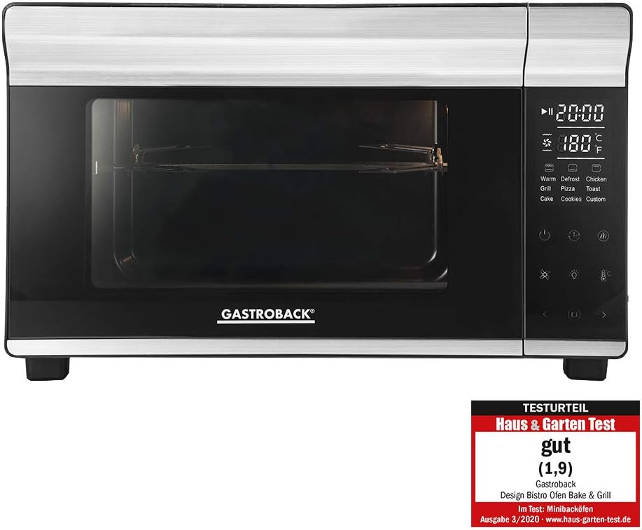GASTROBACK Design Mini-Backofen Bake & Grill - Minibackofen mit Umluft, 26 L, 5 Funktionen bei 30°C - 230°C, Cool Touch Gehäuse - 30 cm Ø Pizzastein, Backblech, Grillrost und Grillspieß