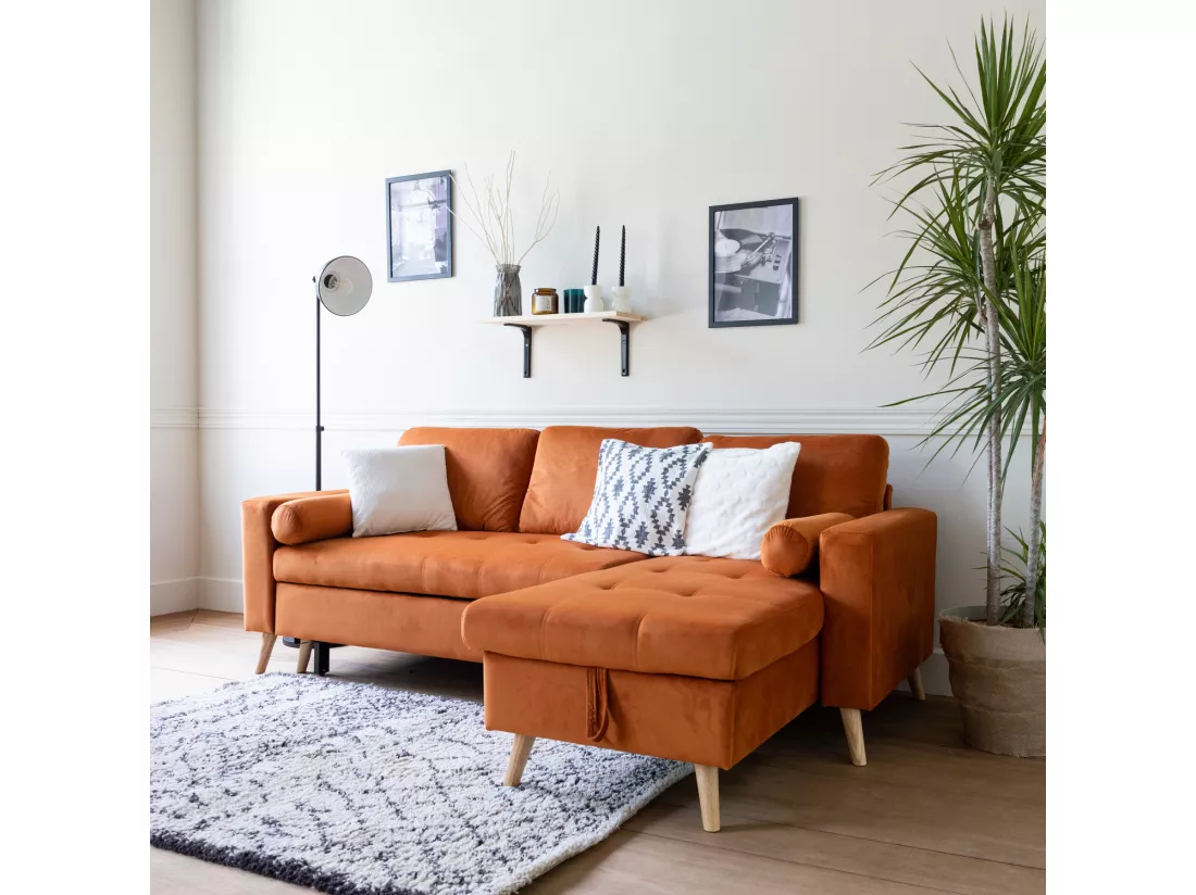 Canapé d'angle convertible JAMES 3 places en velours terracotta - HAPPY GARDEN