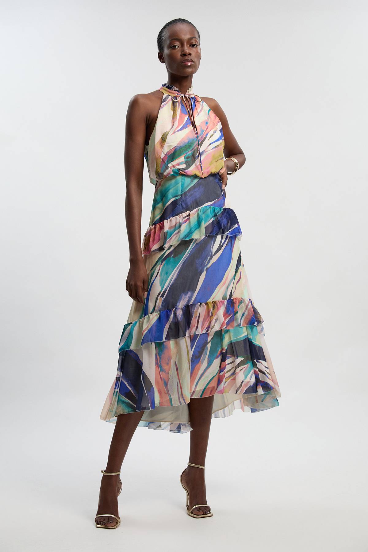 KarenMillen Robe Longue Tissée à Col Licou en Mousseline Froissée Imprimé Marbre