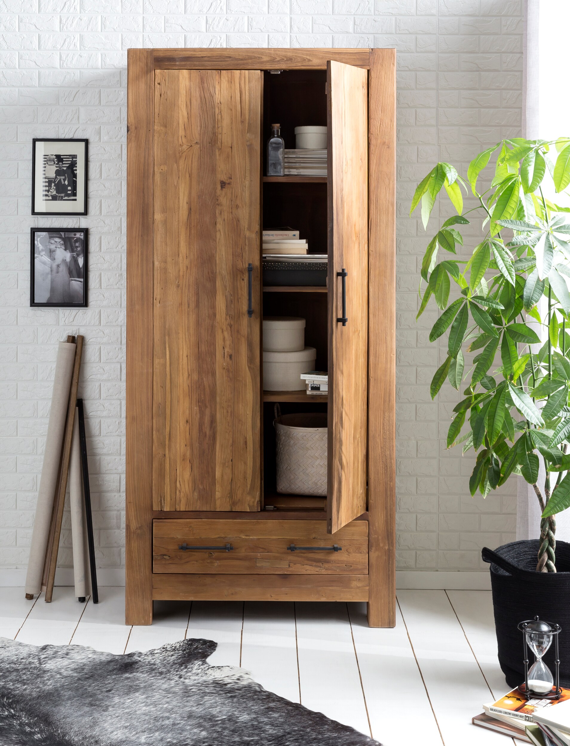 Garderobenschrank Banda Teak Holz Flurschrank Kleiderschrank Schrank Hochschrank