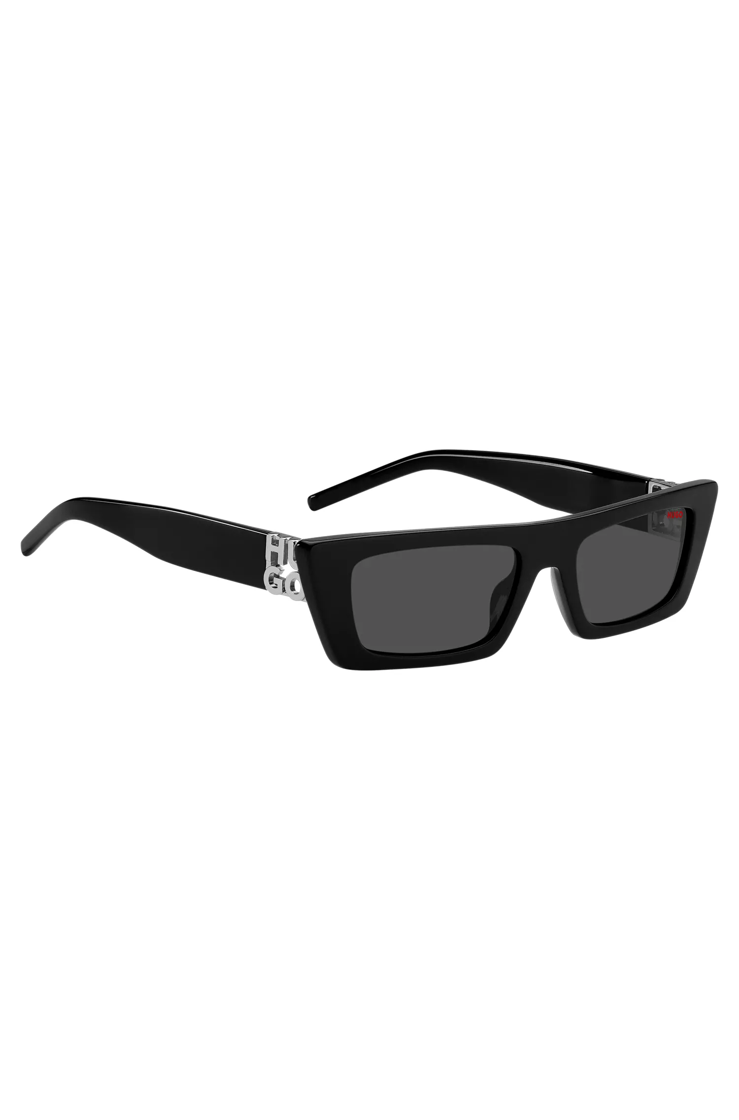Óculos de sol HUGO em acetato vermelho e preto com monograma 3D.