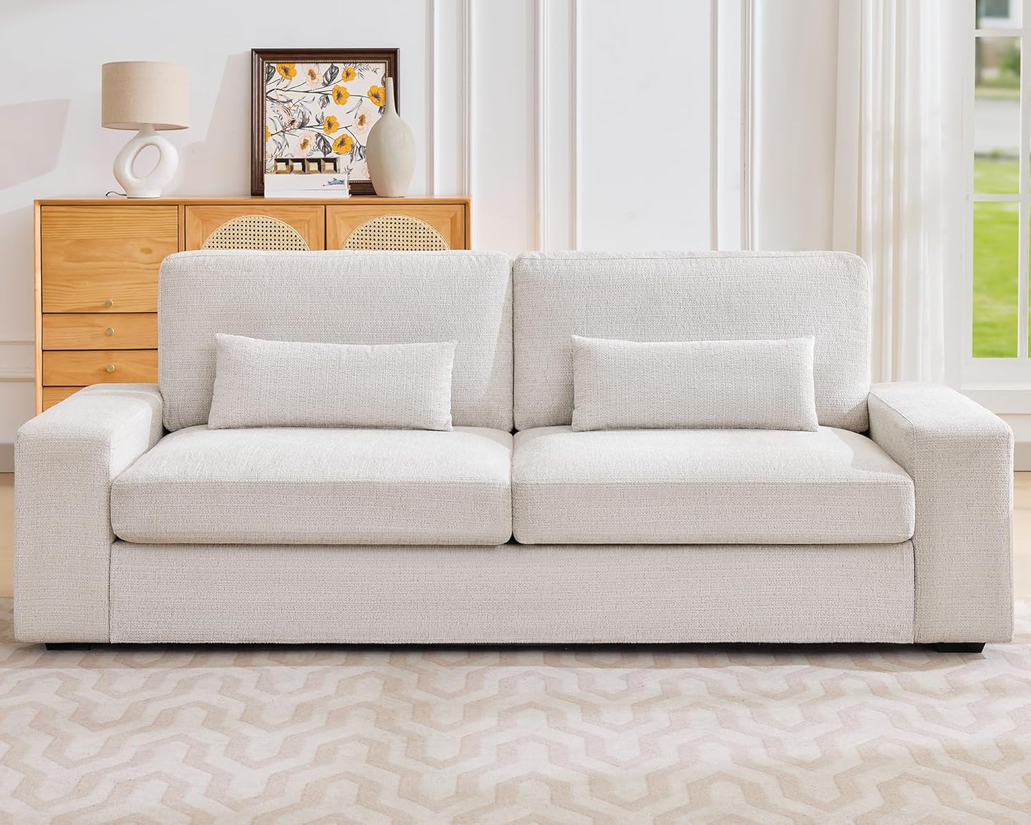 220 cm Sofa, 59 cm Tiefe Sitzfläche, 3-Sitzer Couch mit Breiten Armlehnen, einfach zu montierendes Sofa für Wohnzimmer, Schlafzimmer oder Spielzimmer, Beige Chenille