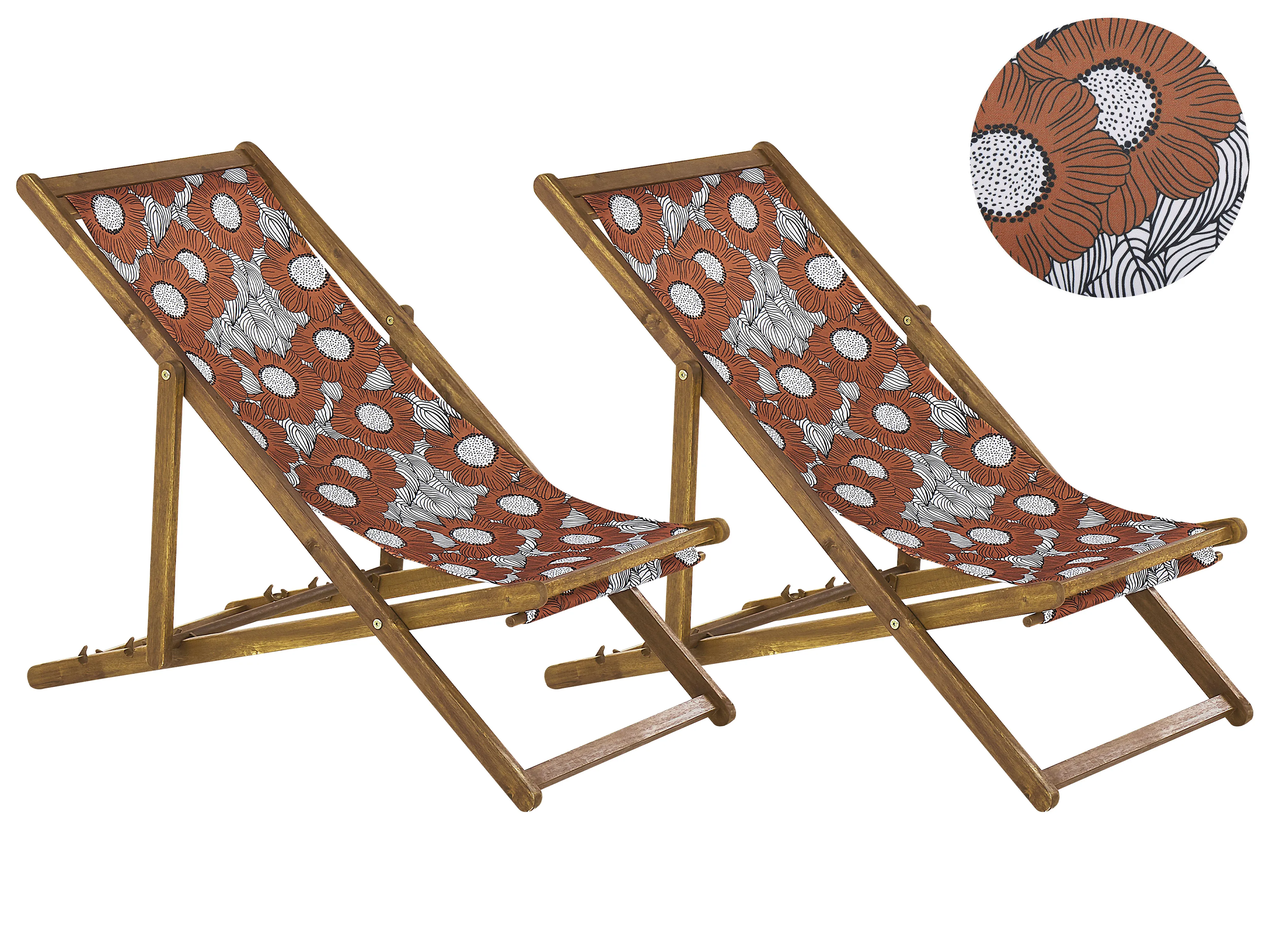 Set van 2 inklapbare ligstoelen ANZIO met vervangingshoezen Bloemen motief Acaciahout Lichtbruin