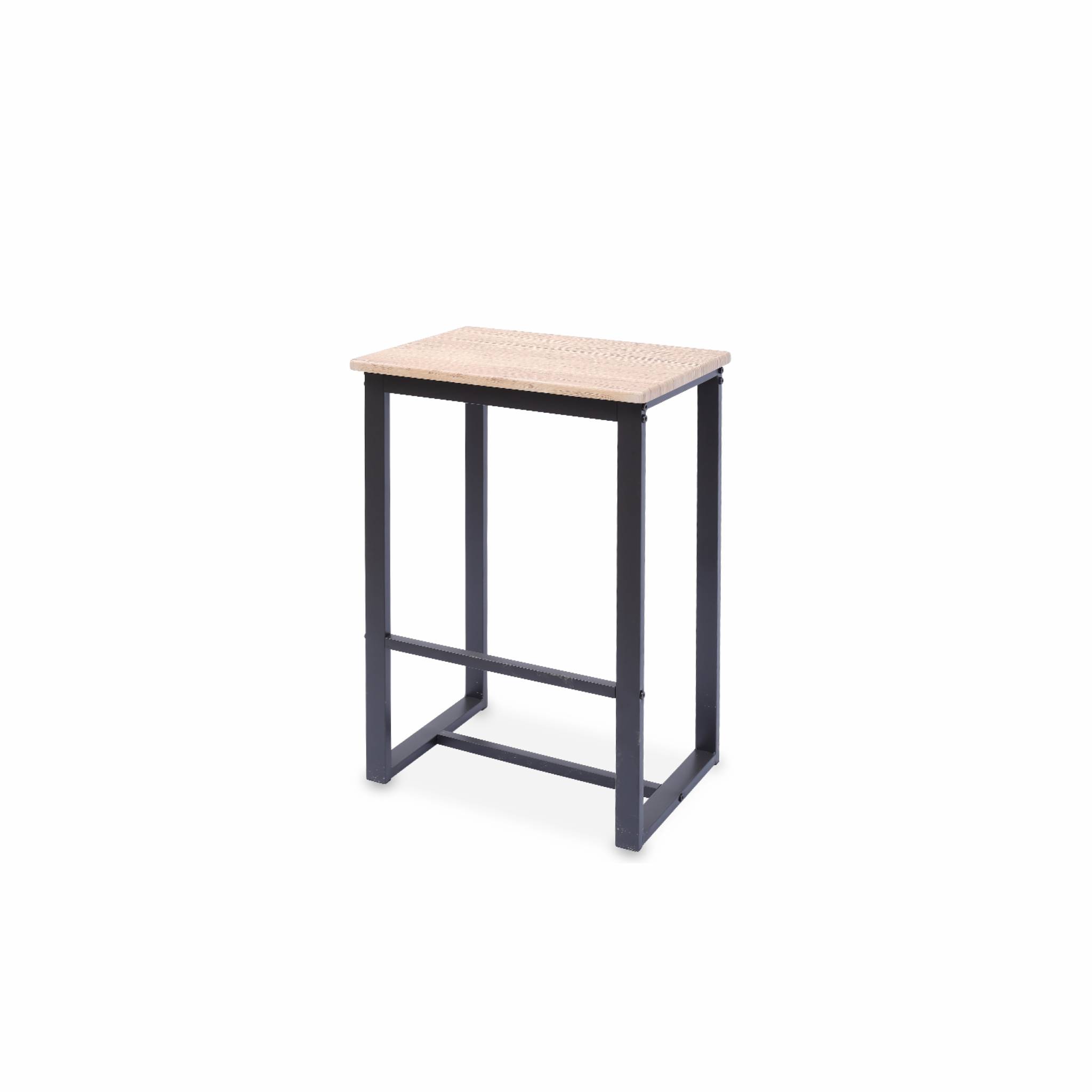 Set table haute carré - loft - avec 2 tabourets de bar. Acier et décor bois. Encastrable. Design