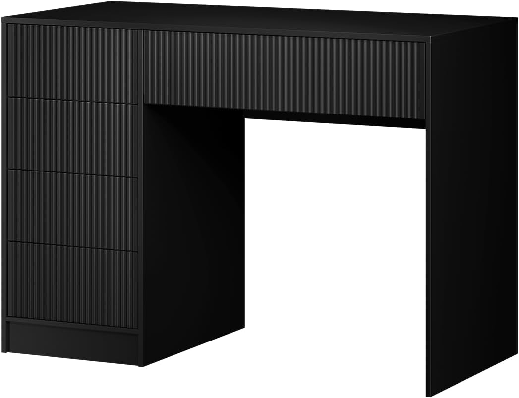 Bellamio Livny Schreibtisch schwarz geriffelt mit 5 Schubladen – Schminktisch ohne Spiegel – White Desk with Drawers 80x53x110 cm – Jugendschreibtisch - Bürotisch mit Schubladen beidseitig montierbar