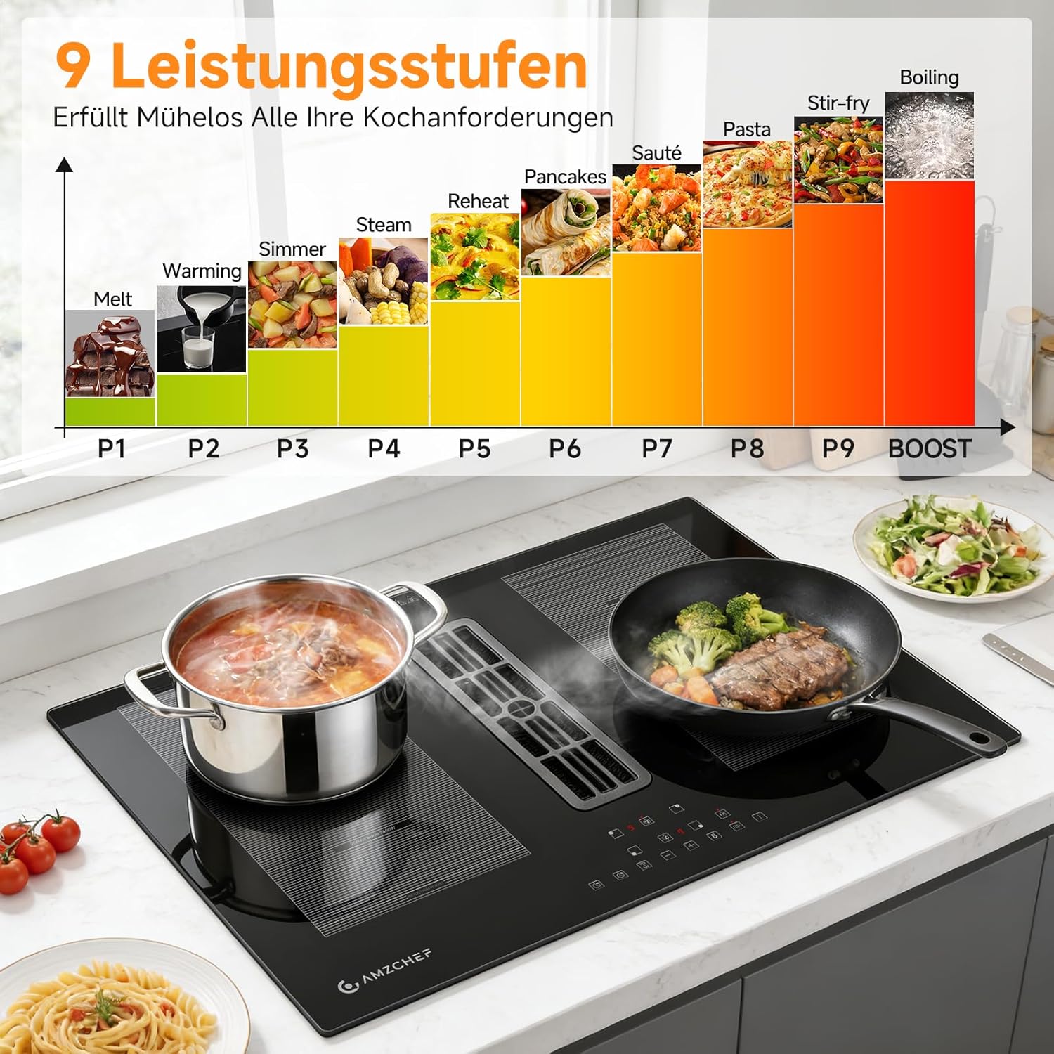 AMZCHEF Induktionskochfeld mit Integriertem Dunstabzug, 4 Kochzonen, 7200W Gesamtleistung, 650m³/h Automatische Hob2Hood-Belüftung, 9 Leistungsstufen, Timer & Kindersicherung, Boost & Flexzonen