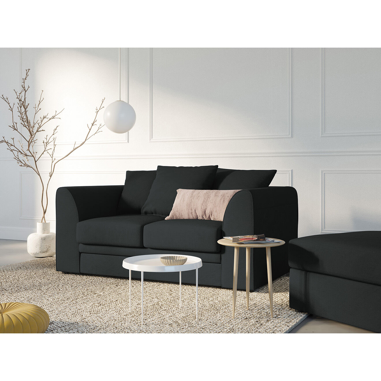 Mazzini Sofas Canapé Quince Velours côtelé 2 Places noir - 150x92x80 cm