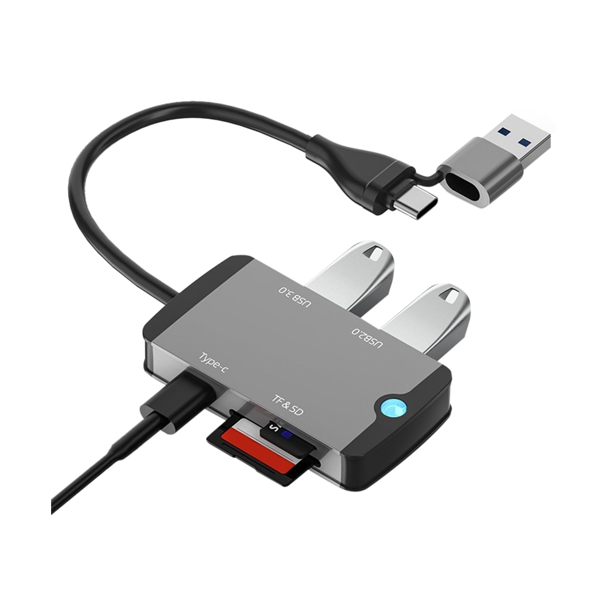 NÖRDIC 1 til 5 USB-dokkingstasjon og kortleser - SD, MicroSD/TF, 2x USB-A, 1xUSB-C