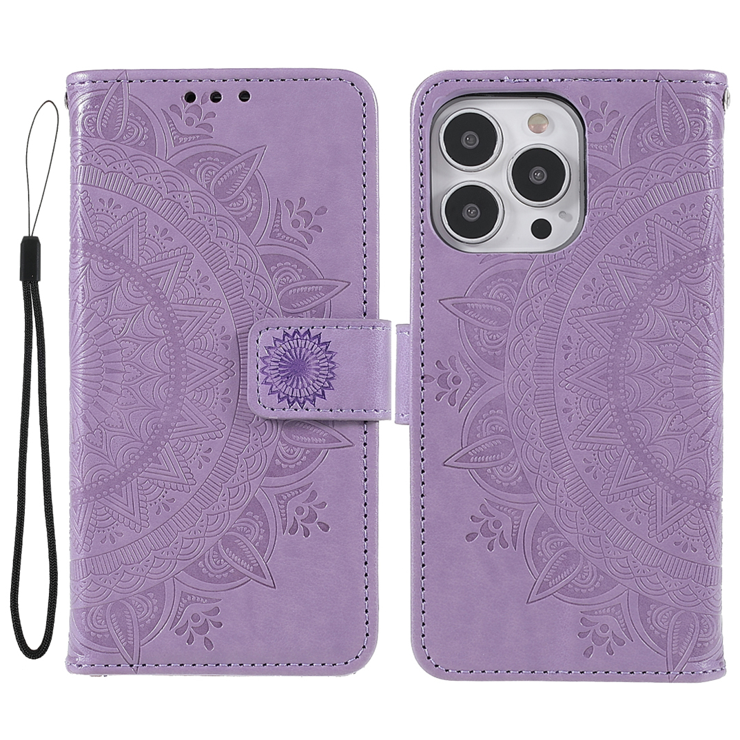iPhone 13 Pro Leder Tasche Wallet - Mandala Flowers Imprint - Lila