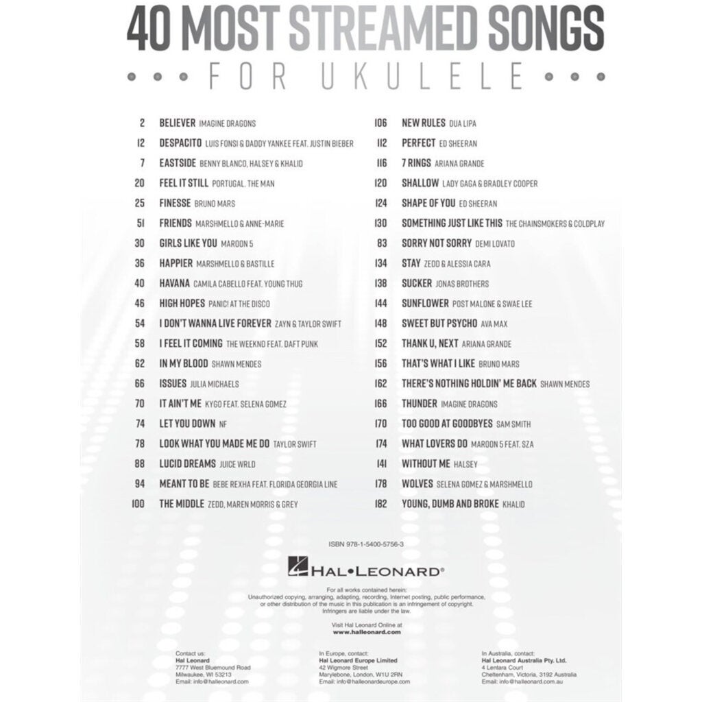 Hal Leonard 40 Most Streamed Songs for Ukulele
