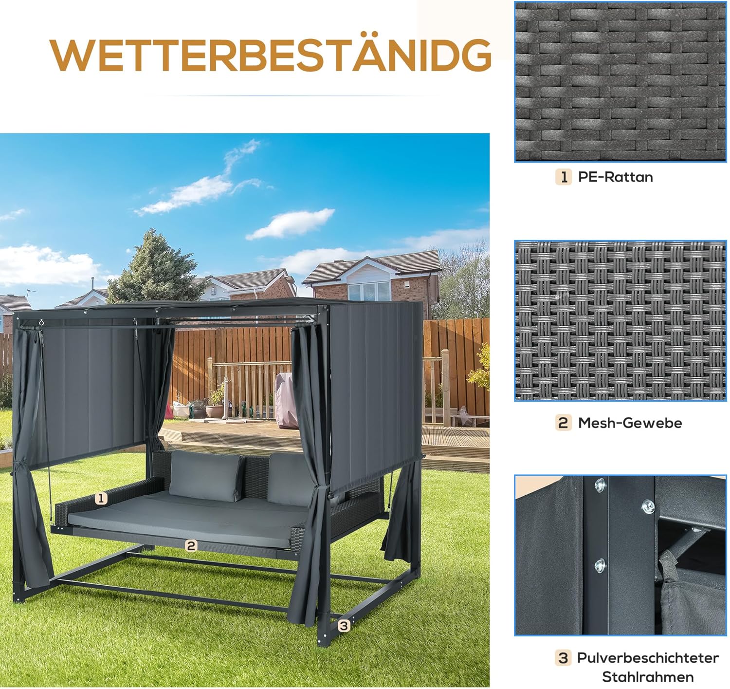 Outsunny Hollywoodschaukel mit Pergola, wetterbeständige Gartenschaukel mit Kissen, Schaukelbett für Balkon, Garten, 235 x 180 x 210 cm, Dunkelgrau