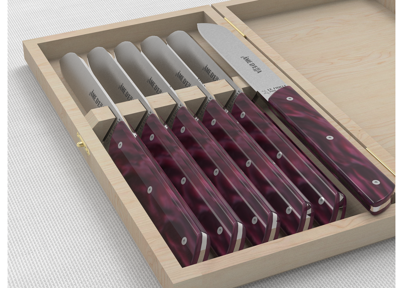 Service de 6 couteaux de table avec un manche en Madreperlato Pourpre et lame en acier inoxidable