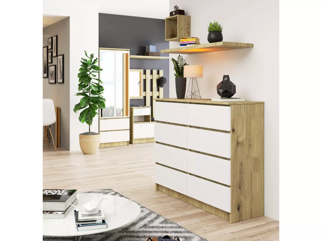 Commode AKORD K120 Chêne Artisan 120 cm 8 tiroirs façade Blanche 120x40x99 cm