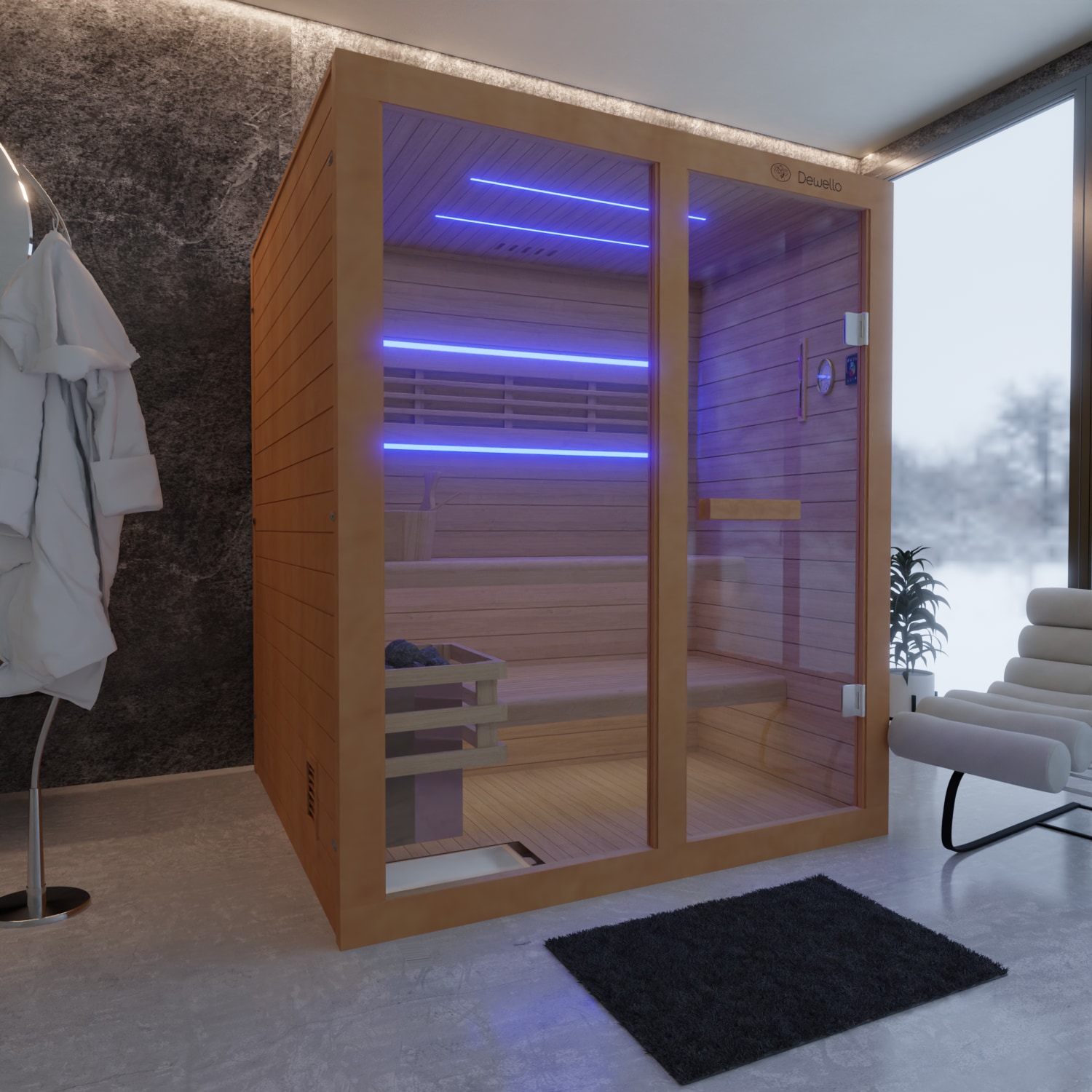 Dewello Finnische Sauna TOFINO 160x150 Kabine aus Hemlock Tannenholz mit,4,5 kW Harvia Ofen, inkl Sauna Set