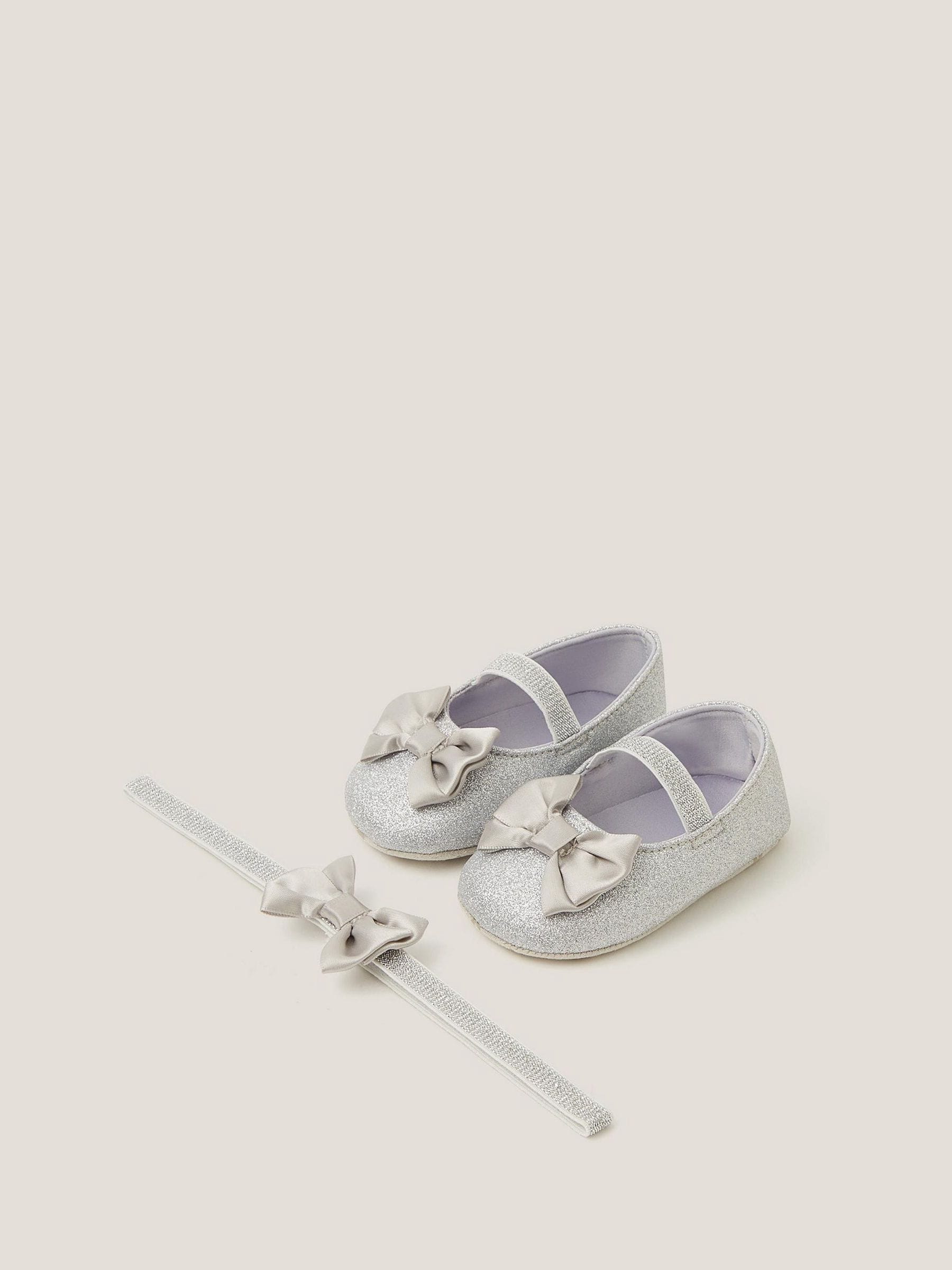 Zilver - Monsoon Baby Bow Glitter Booties & Headband Set