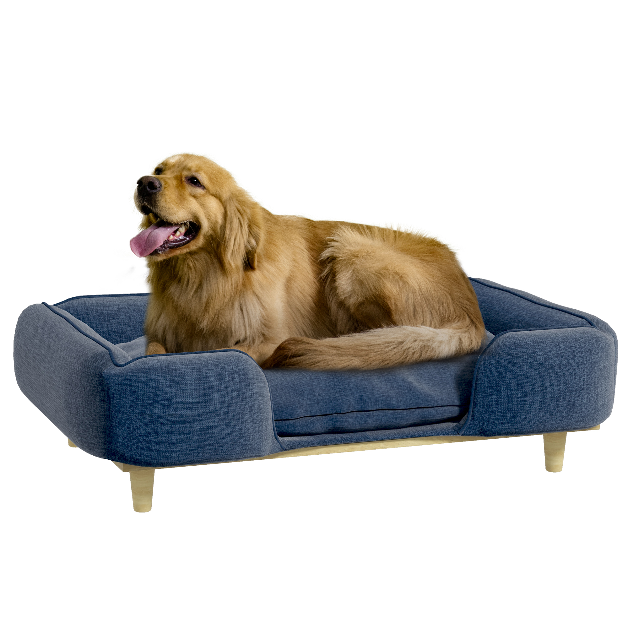 Sofá elevado para cães PawHut tamanho grande, com pés de madeira e almofada lavável. Suporta até 30 kg e mede 96 x 66 x 24 cm, na cor azul.