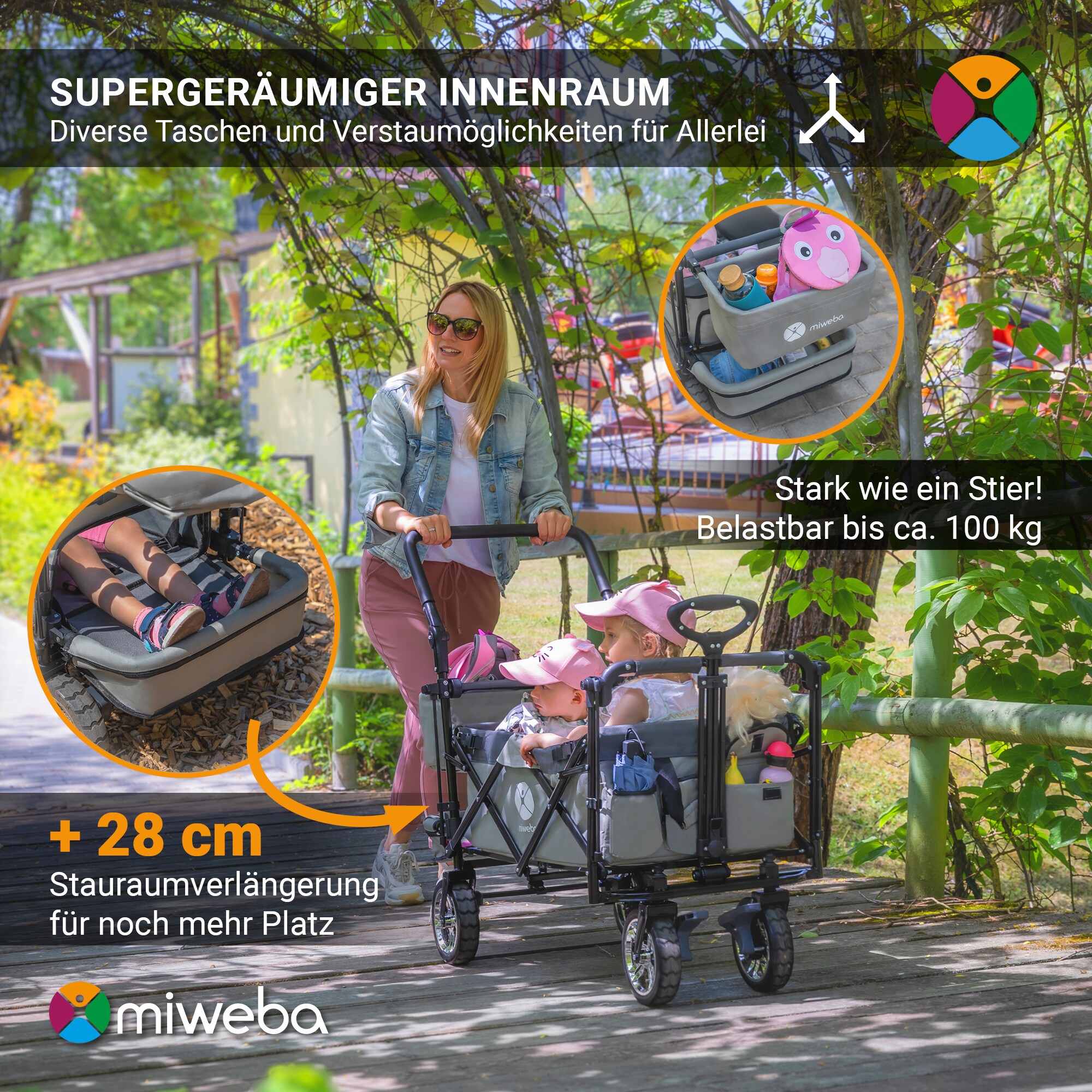 Miweba Bollerwagen MB-20 faltbar, Sonnendach, Schiebe- und Zugstange, Stauraumverlängerung, 360°-Räder (Hellgrau/Dunkelgrau)