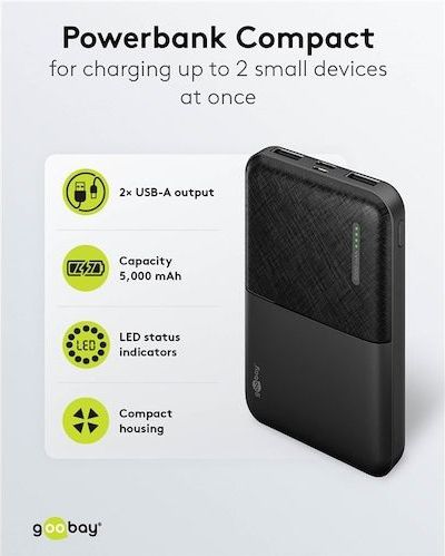 Powerbank - 5000 mAh - USB-A/USB-C - Antislip - Inclusief Oplaadkabel