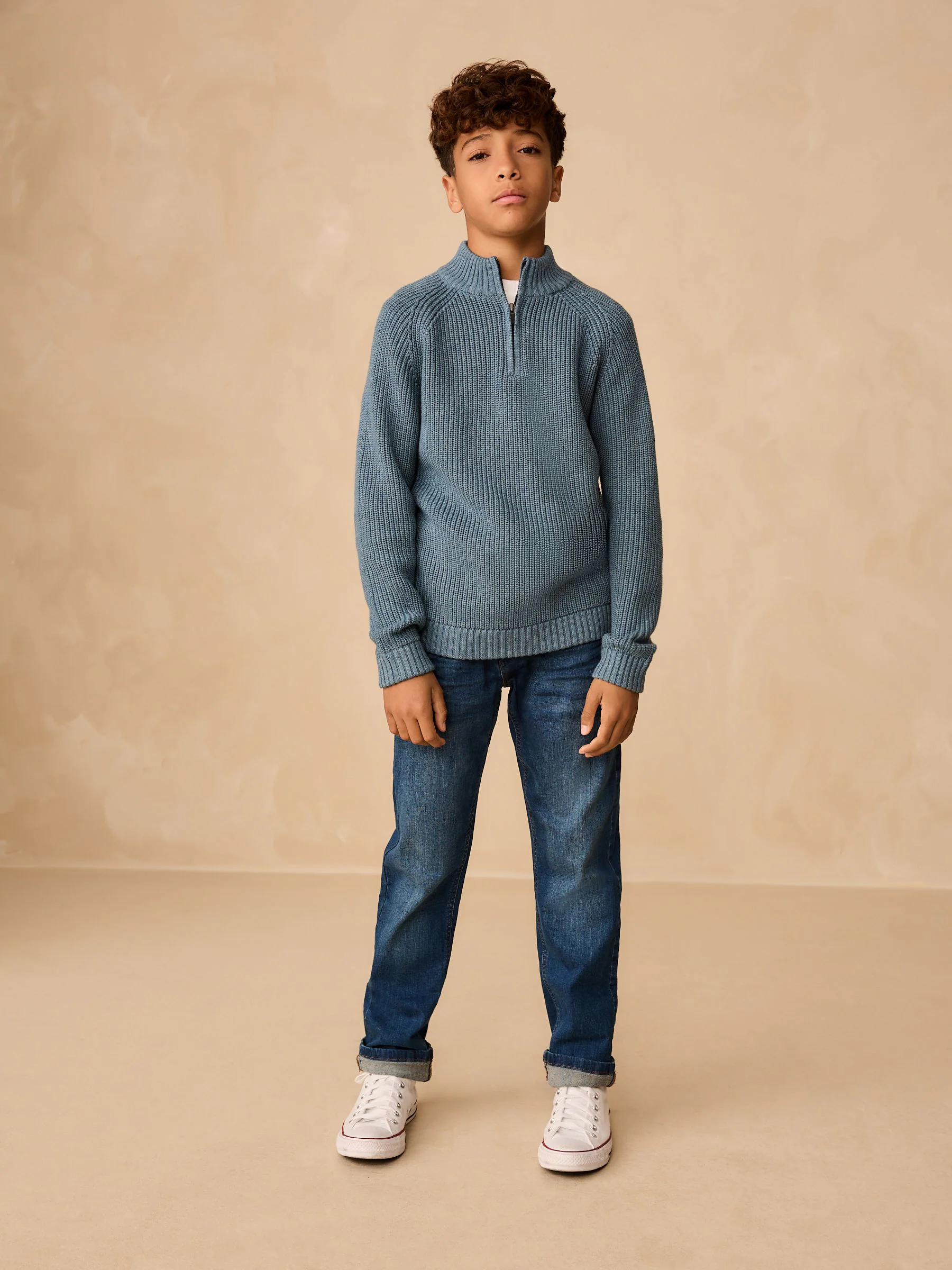 Blauw - Utility gebreide trui met rits bij de hals (3-16jr)
